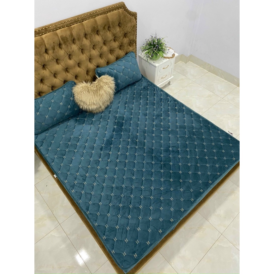 Sét ga gối nỉ nhung thêu chữ H mẫu mới năm 2020 kèm túi đựng