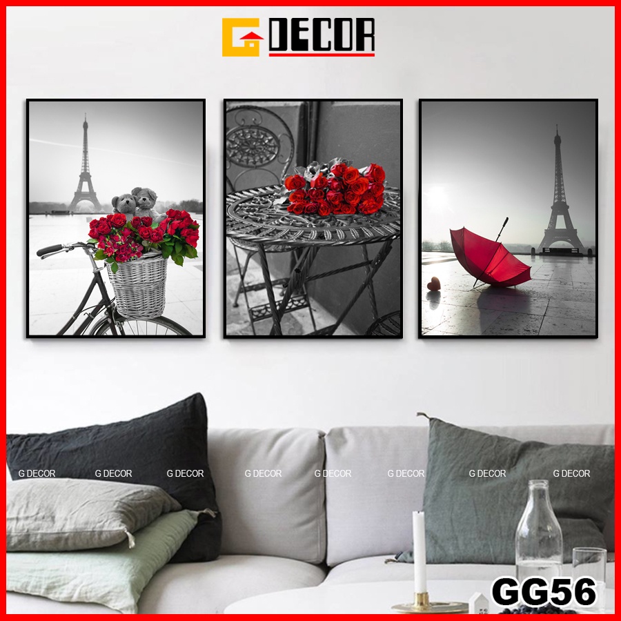 Tranh treo tường canvas khung gỗ 3 bức phong cách hiện đại Bắc Âu tranh hoa hồng trang trí phòng khách phòng ngủ spa 56
