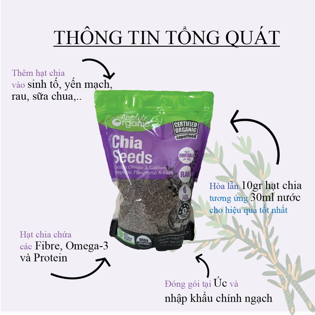 Hạt chia tím chính ngạch Absolute Organic túi 1000gr nhập khẩu Úc Chia seeds dinh dưỡng chứa Protein, giúp giảm cân