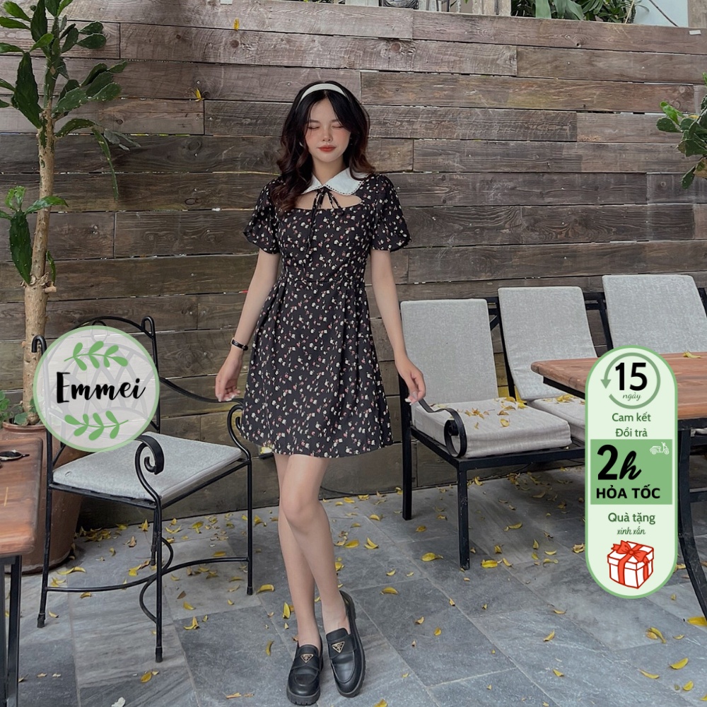 Đầm hoa nhí khoét ngực cổ bèo trắng, váy vintage đen tiểu thư Emmei - v130