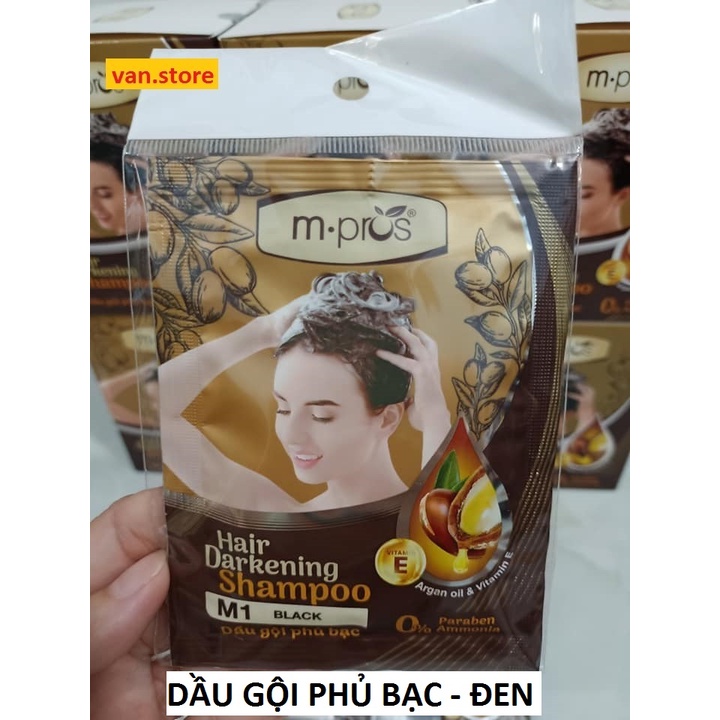 [Hộp 12 Gói] Dầu Gội Thảo Dược Nhuộm Tóc Đen/ Nâu Đen Phủ Bạc M.Pros - Tặng Kèm 12 Đôi Bao Tay Nilon