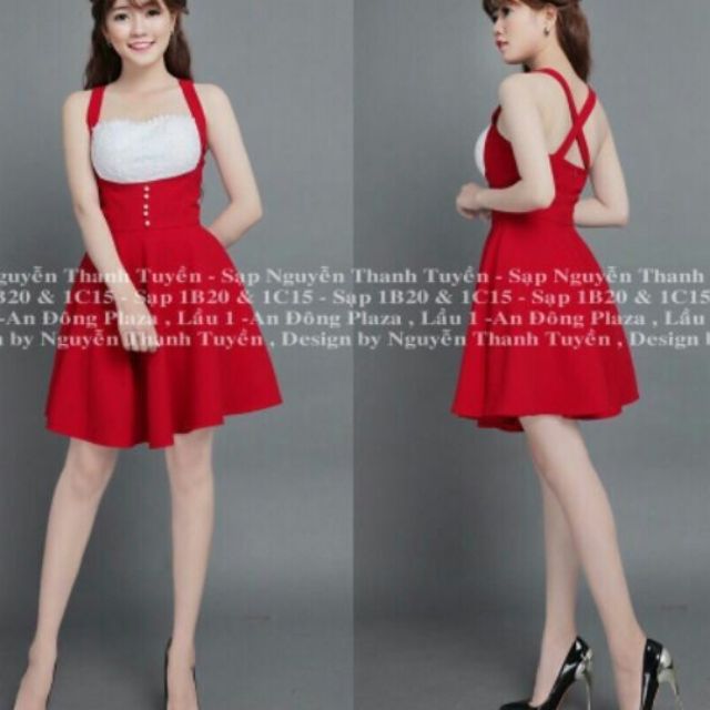 Đầm xòe phối màu đính nút