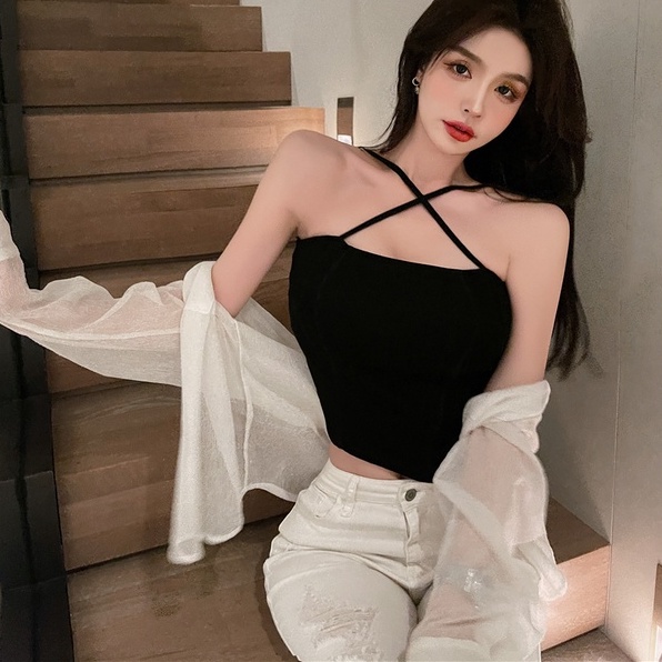 【ZHELIHANGFEI】 / Áo Không Tay Ngắn Vạt Chéo Không Đều