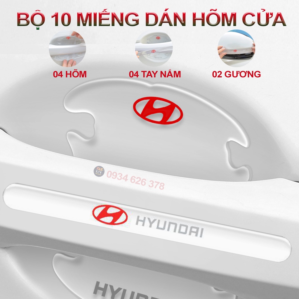 Bộ 10 miếng dán hõm cửa tay nắm ô tô chống trầy xước in logo xe Hyundai Grand I10 , I20 , I30 , Getz , Santafe , Accent
