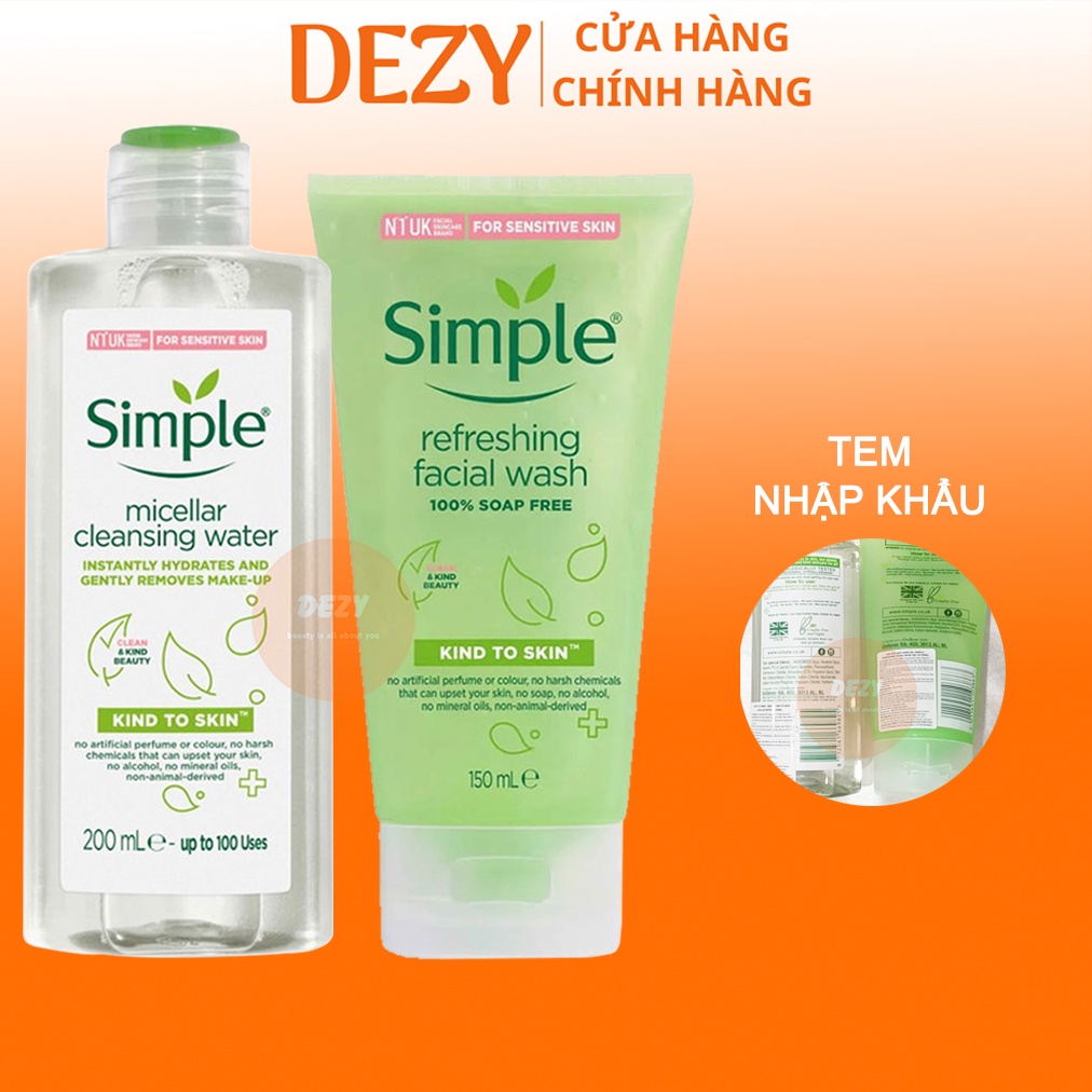 Combo Sửa Rửa Mặt Simple Và Nước Tẩy Trang Chính Hãng - Bộ Skincare Cho Da Dầu Mụn Micellar Srm Cleanser Anh Quốc Dezy