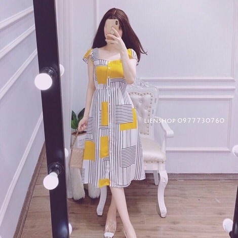 Đầm dáng xòe phối họa tiết (ảnh thật, shop tự chụp_mua nhiều giảm giá )