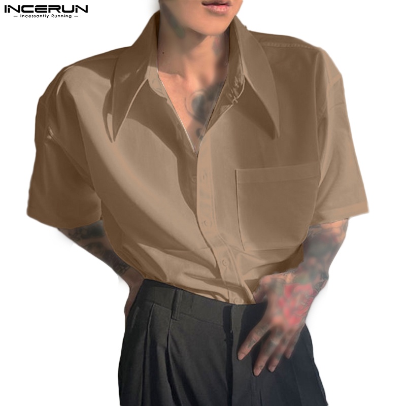 Áo sơ mi nam Incerun tay ngắn có cổ cài nút màu trơn trang trọng