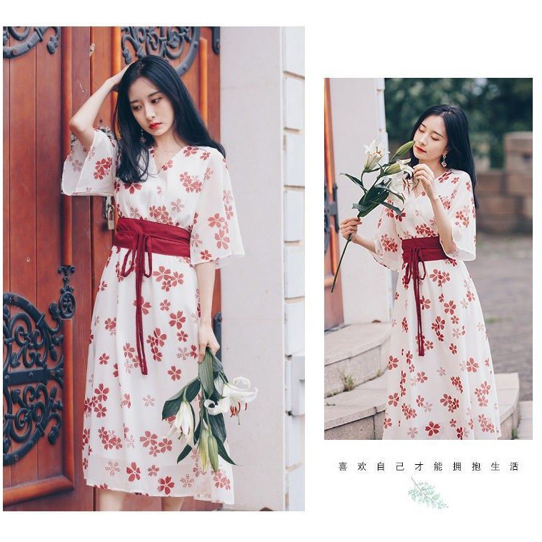 Váy Đầm Voan Kiểu Nhật ⚡️ẢNH THẬT⚡️ Váy Hoa Đỏ Yukata Kiểu Nhật Cực Xinh Chào Hè Cho Các Nàng  ཾ