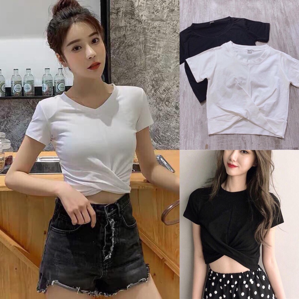 Áo crt nữ kiểu xoắn bụng dáng ôm body basic đen trắng guzfashion