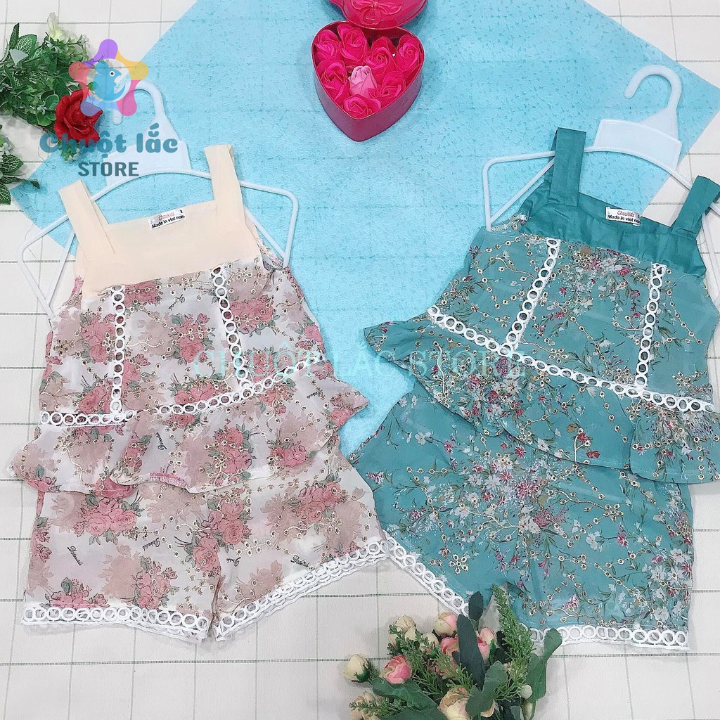 Bộ quần áo bé gái 2 dây chất voan lụa thêu ren cực xinh cho bé từ 8kg đến 20kg( màu xanh, kem)