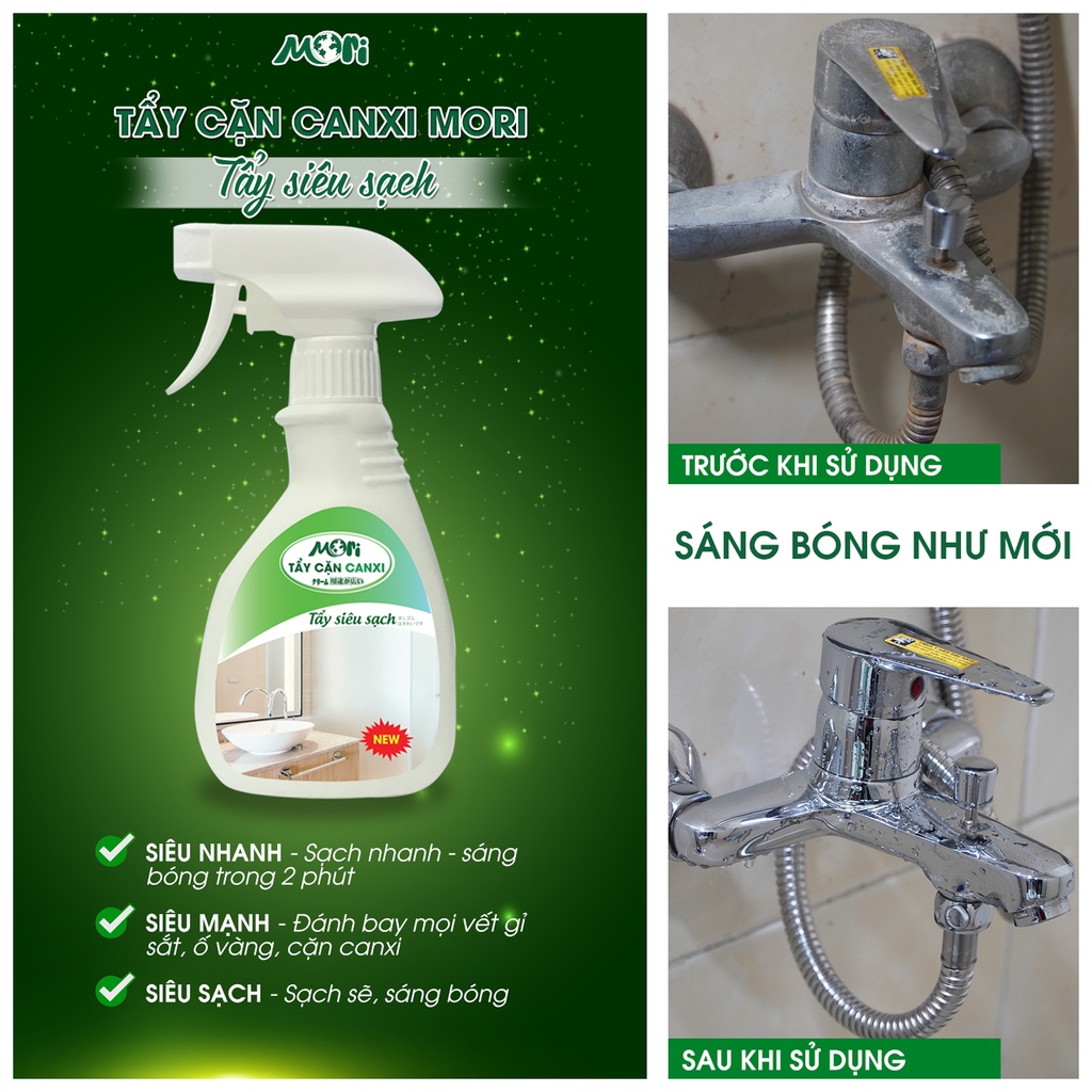 Tẩy cặn canxi, tẩy rửa nhà tắm MORI tẩy vòi inox vách kính bồn sứ gạch men siêu sạch an toàn tiện lợi_CHÍNH HÃNG 100%