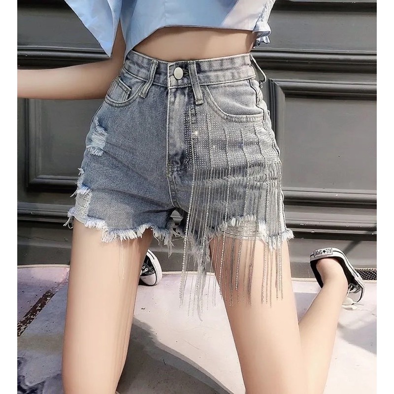 Quần short denim nữ cạp siêu cao đính đá siêu bền hàng Quảng Châu