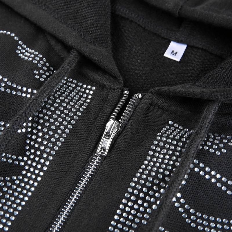 Áo khoác hoodie có khóa kéo đính đá họa tiết bộ xương 90s phong cách đường phố cho nữ