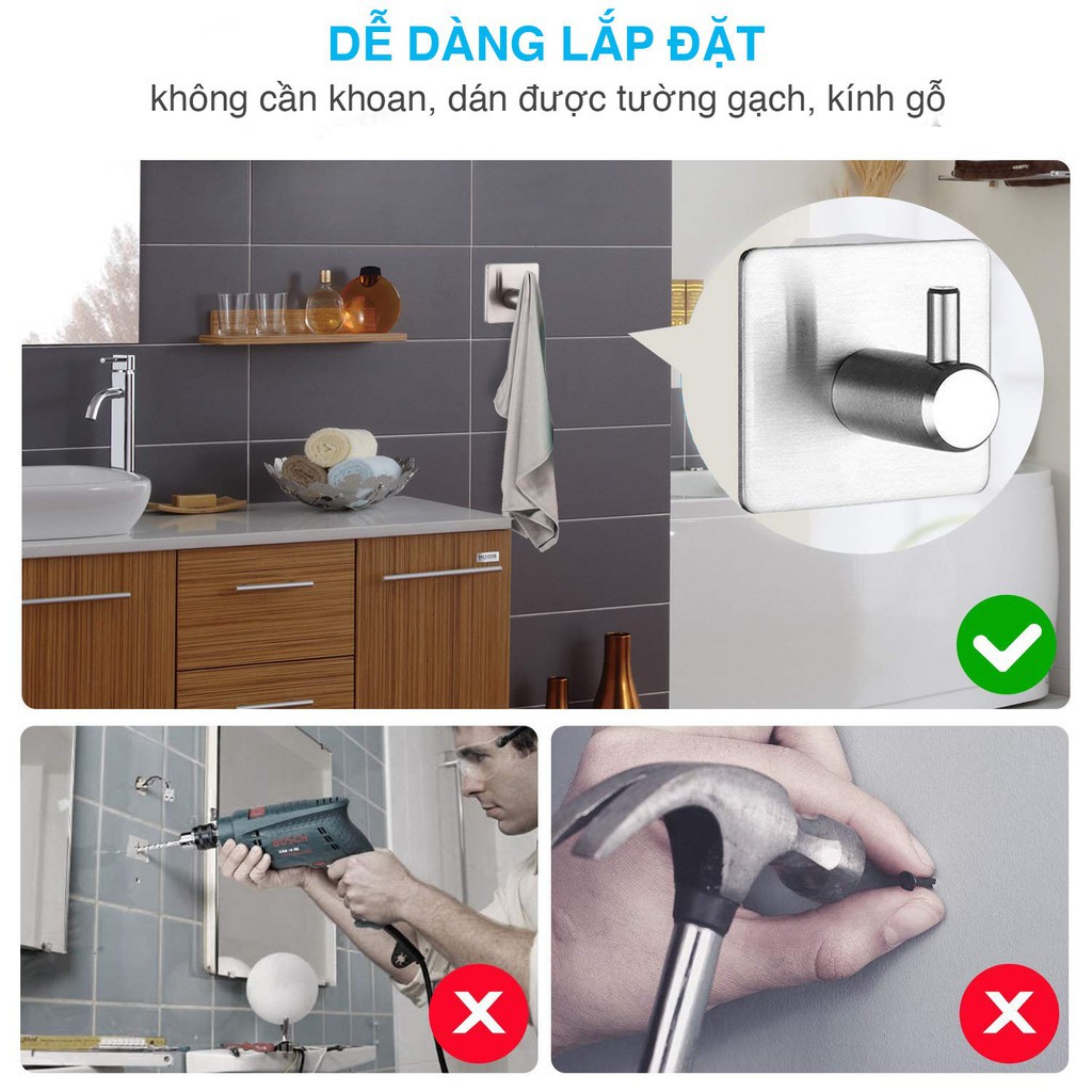 Combo 4 móc dán tường hình trụ, móc dán đa năng inox 304 không cần khoan