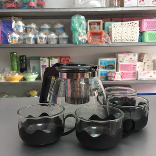 (KÈM 4 LY THỦY TINH) Bộ Ấm Pha Trà, Cafe Có Lưới Lọc