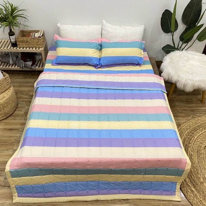 Bộ chăn ga gối hè cotton poly 5 món , chăn trần bông 3 lớp họa tiết mền đáng yêu