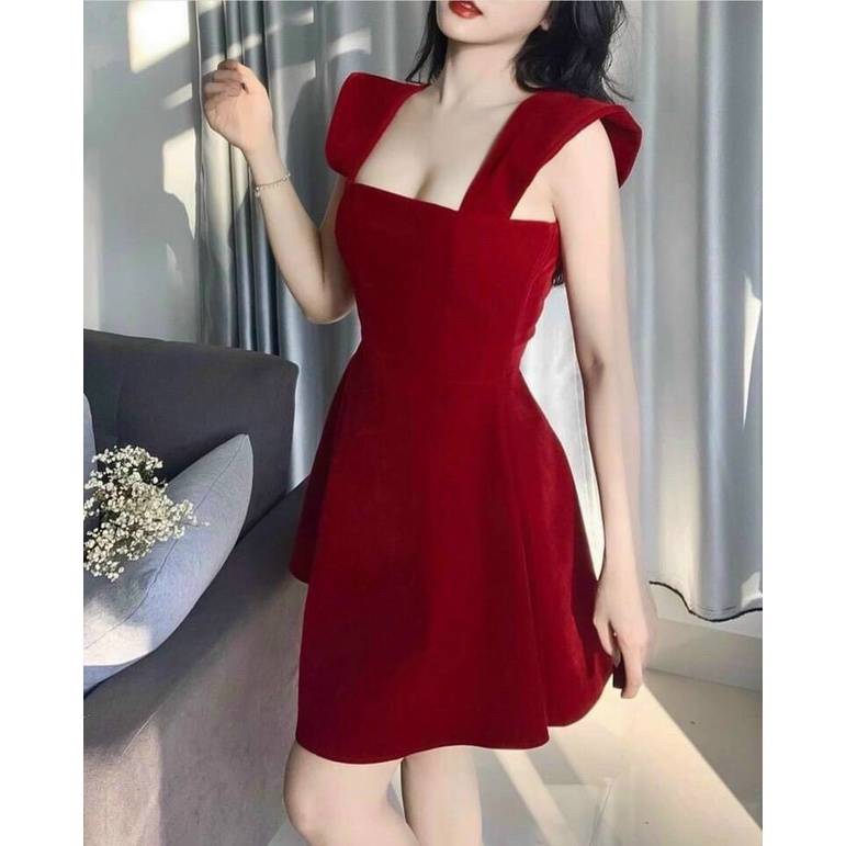 Váy nữ thời trang thiết kế dự tiệc, đầm đỏ 2 dây cánh tiên dáng xòe, đầm cổ vuông chất umi đi chơi quyến rũ, sang trọng