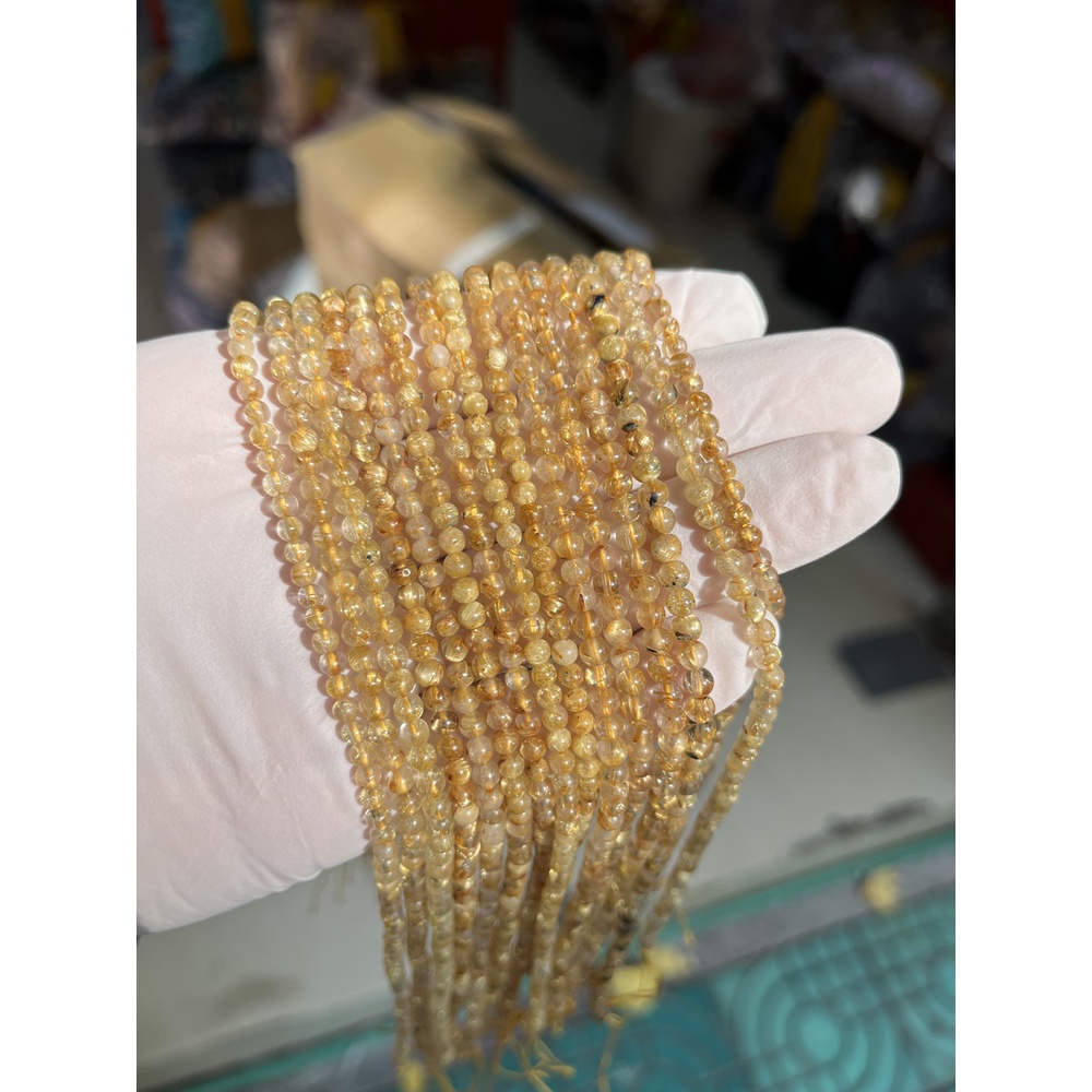 Thiên Nhiên 4mm Vàng Rutilated Đá Vàng Pha Lê Rời Hạt Tròn Để Trang Sức Làm DIY Vòng Cổ Vòng Tay Dây 15'