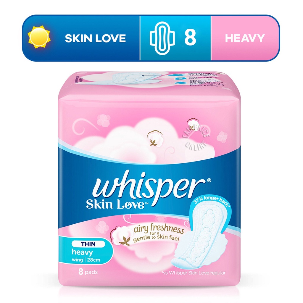 Băng vệ sinh Whisper Skin Love Thin Heavy mềm mỏng có cánh Đêm 28cm (8 miếng/gói)