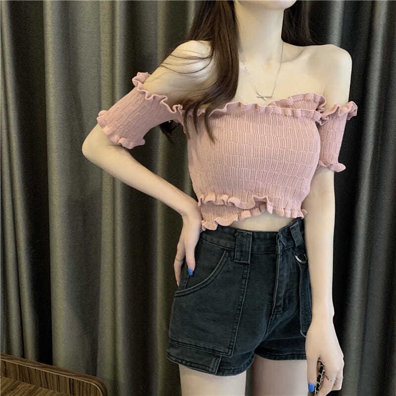 Áo IELGY tay ngắn trễ vai kiểu đan chéo thời trang độc đáo thời trang cho nữ