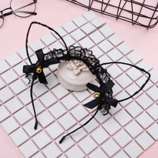 Cài tóc tai mèo ren nơ phối chuông dễ thương quyến rũ