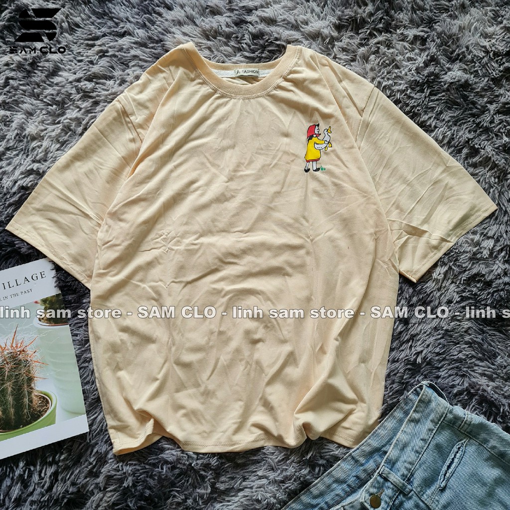 Áo thun tay lỡ nữ freesize phông form rộng Unisex, mặc cặp, nhóm, lớp in hình CÔ GÁI ÔM CON VỊT màu nude sữa