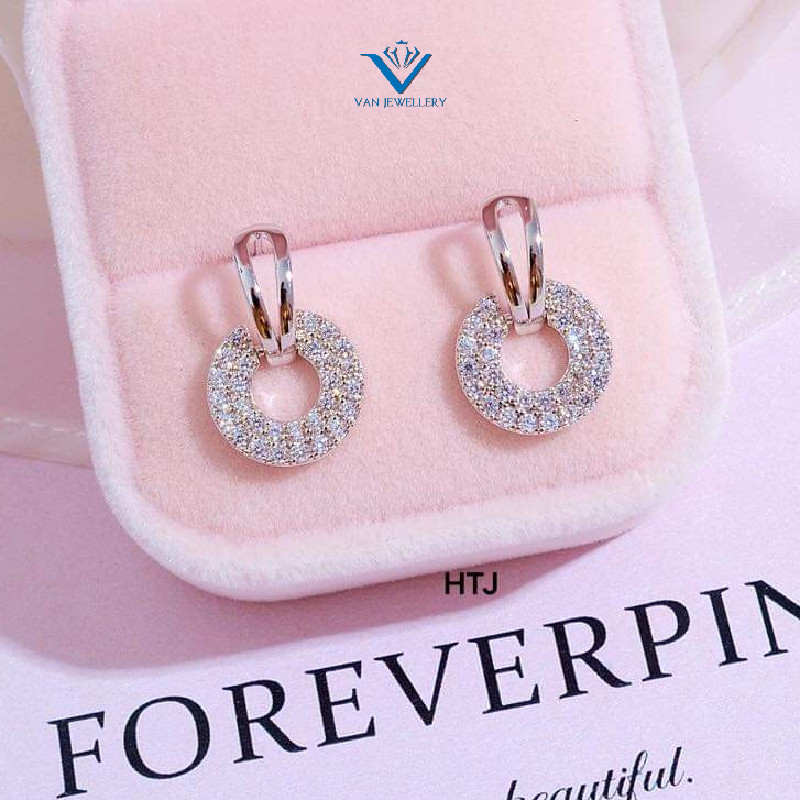 Khuyên tai bạc khuyen tai mặt tròn, mặt vuông nạm đá trắng lấp lánh sang chảnh