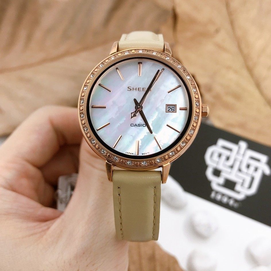 Đồng hồ nữ Casio SHEEN SHE-4052 / SHE-4052PGL-7B đính đá Swarovski, dây da thật, hàng chính hãng