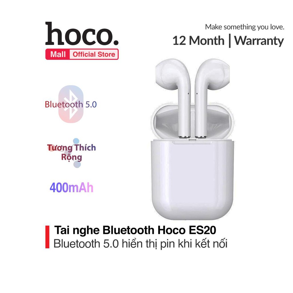 Tai nghe bluetooth không dây V5.0 có vỏ sạc Hoco ES20 400mAh, cho âm thanh cân bằng, âm bổng rõ ràng và âm trầm mạnh mẽ