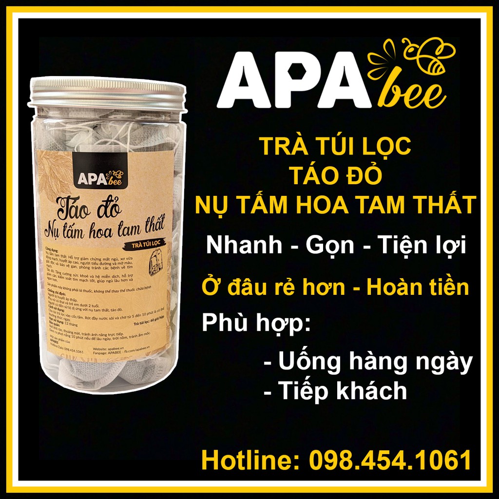 Trà táo đỏ nụ tấm hoa tam thất APABEE - Trà túi lọc 60 gói - Hỗ trợ giảm chứng mất ngủ, tăng cường sức khỏe hệ miễn dịch