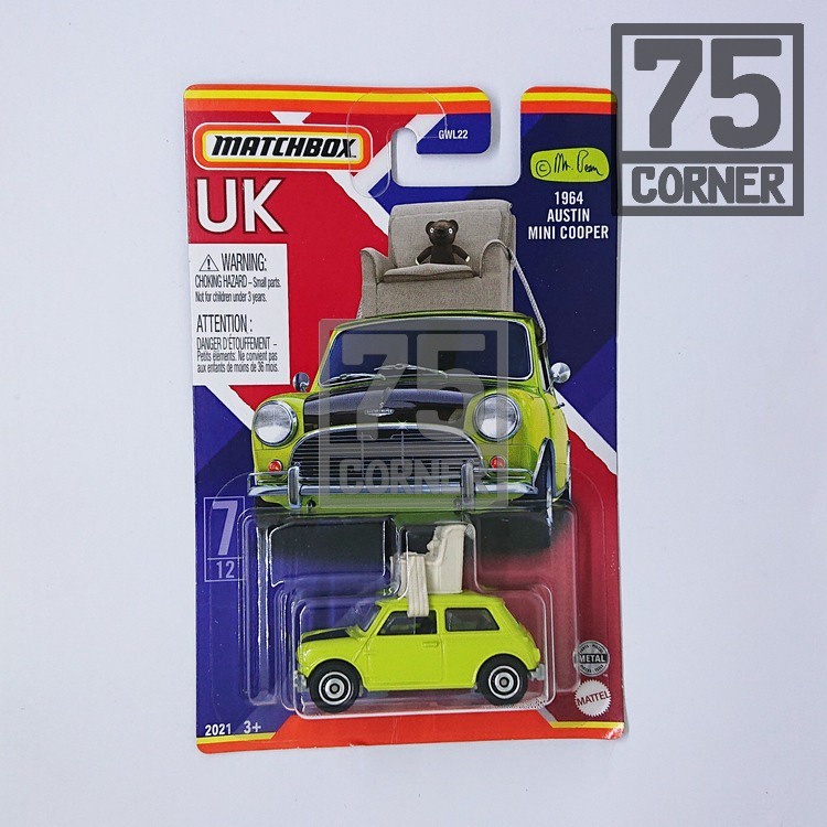 (75 Corner) MBX Matchbox UK Vương Quốc 1964 Austin Mini Cooper Mr. Bean GBR Đồ Chơi Hộp Quà Lưu Niệm Anh Quốc Rowan Atkin Jbr Great Anh Rowan Atkindo
