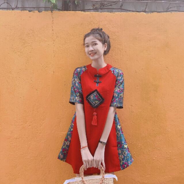[frees extra + hoàn xu 15%] Sườn xám cách tân Trung Hoa / áo dài cách tân đầm mặc tết màu đỏ gấm lụa cao cấp