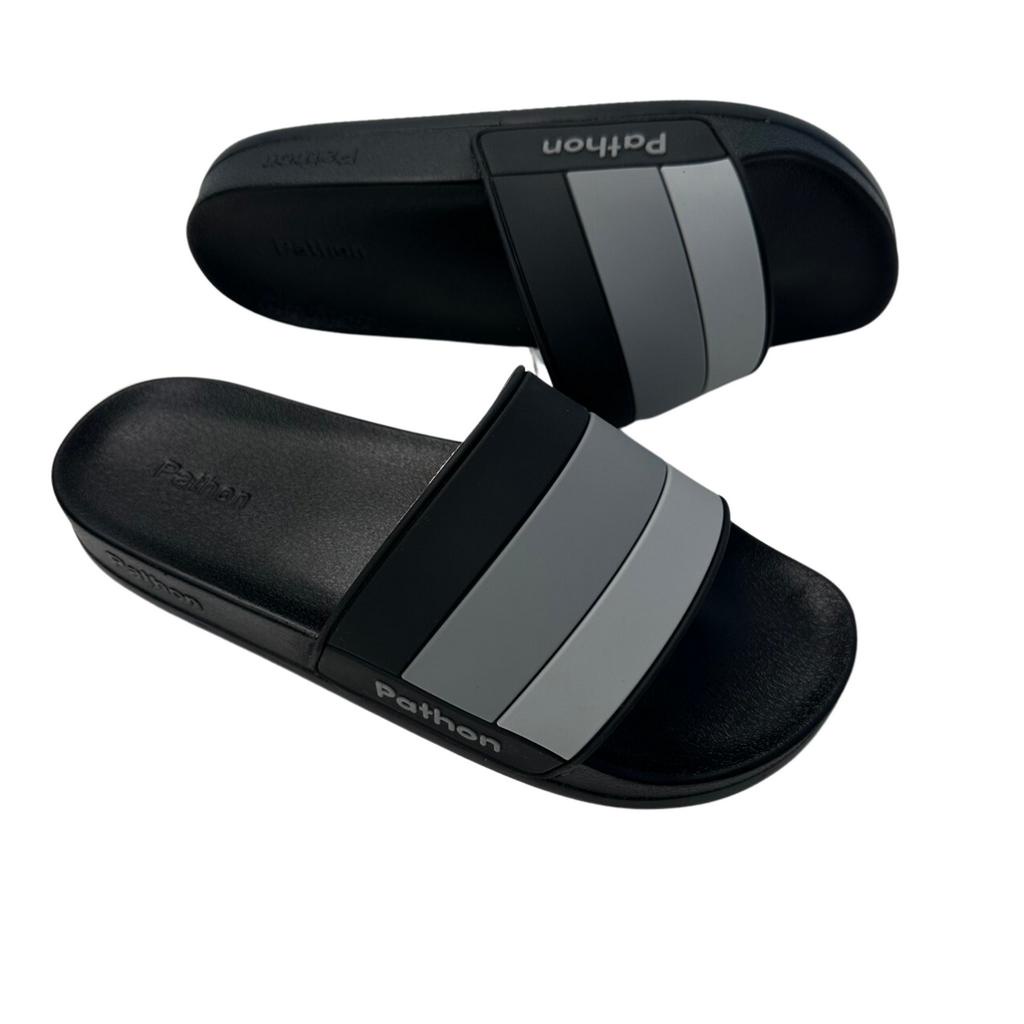 Dép nam nữ quai ngang slipper Pathon quai PVC và đế PU đen quai xọc xám đen lớn SD120