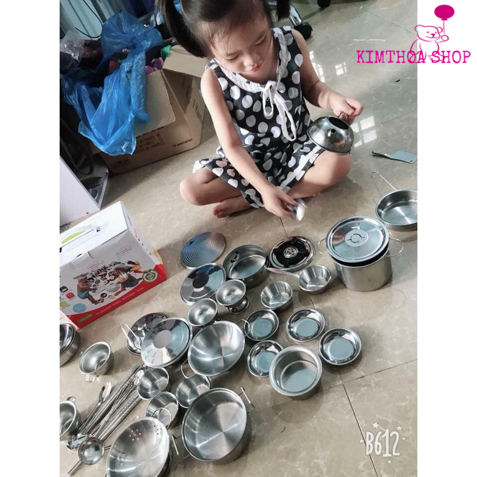 Bộ đồ chơi nấu ăn inox 40 chi tiết cho bé, bộ nồi nấu ăn mini có thể nấu trên lửa