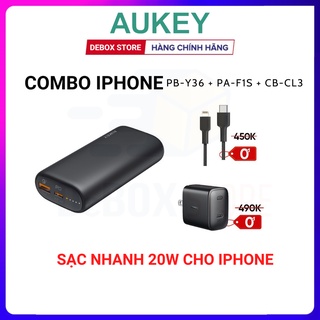 【Giao hàng nhanh】Combo AUKEY Pin Sạc Dự Phòng 10.000 mAh PB-Y36, Cốc Sạc Nhanh PA-F1S, Cáp C to Lightning CB-CL3