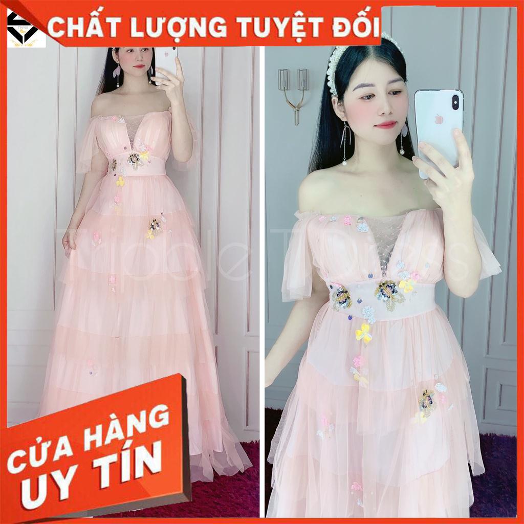 Đầm maxi trễ vai lưới xếp tầng kết cườm bướm xinh yêu - size M/L (có ảnh/video thật) MS312V