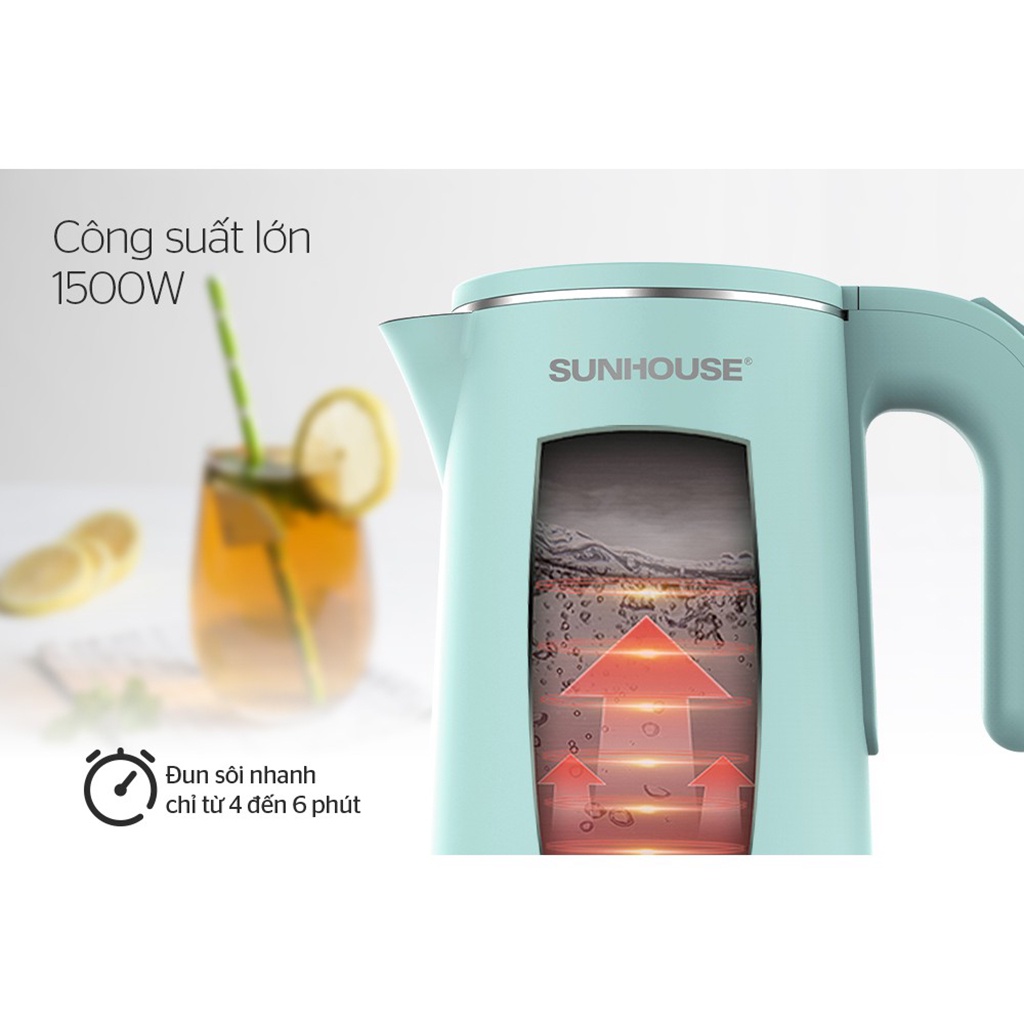 Ấm Siêu Tốc SUNHOUSE SHD1351 1,8L, Bình Đun Siêu Tốc Cao Cấp 2 Lớp Inox - Hàng Chính Hãng BH 1 Năm