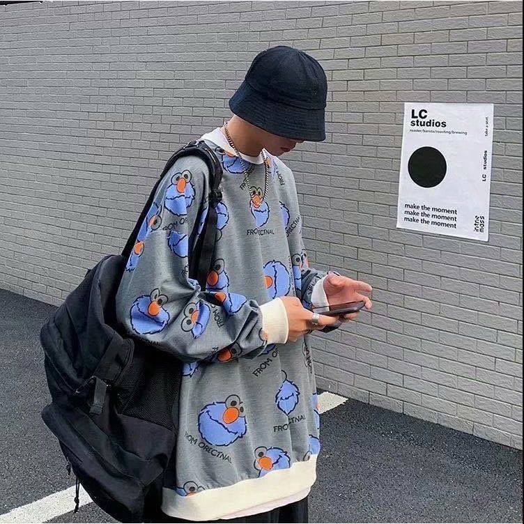 Áo Hoodie Nam Large Size Long-sleeved Sweater Boys Korean Loose Round Neck Thin Hip-hop Cartoon Print Tops | BigBuy360 - bigbuy360.vn