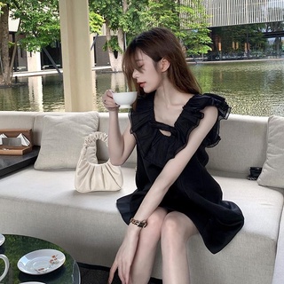 ☈❡♙Đầm Búp Bê Viền Bèo Màu Đen Phong Cách Pháp Cổ Điển Thời Trang Mùa Hè 2022