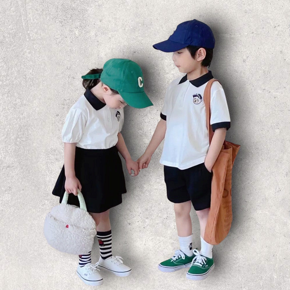 set bé trai bé gái polo màu trắng đen chất thun cotton đồng phục đi học, đi chơi, du lịch, đồ đôi anh em chị em