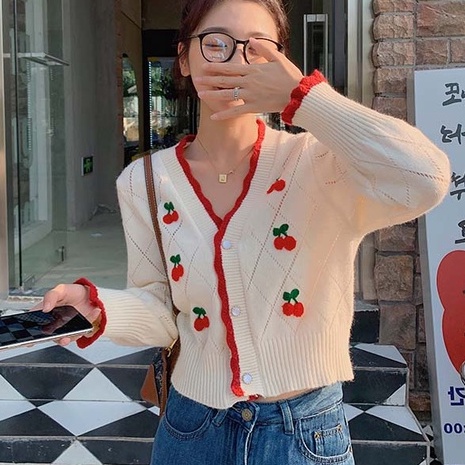 Áo Khoác Len Cardigan Tay Dài In Hình Dâu Tây Dễ Thương Phong Cách Hàn Quốc
