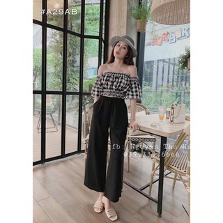 Set áo caro + quần voan ống rộng