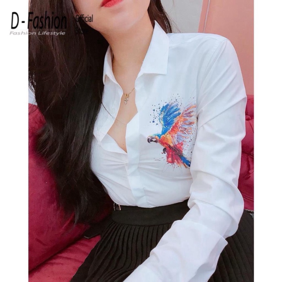 Áo sơ mi Nam Nữ -chất mát công sở không nhăn thời trang- Đủ Size Từ 50-75kg-Áo Sơ Mi In Thêu Hình Chim 7 Màu trắng DILO