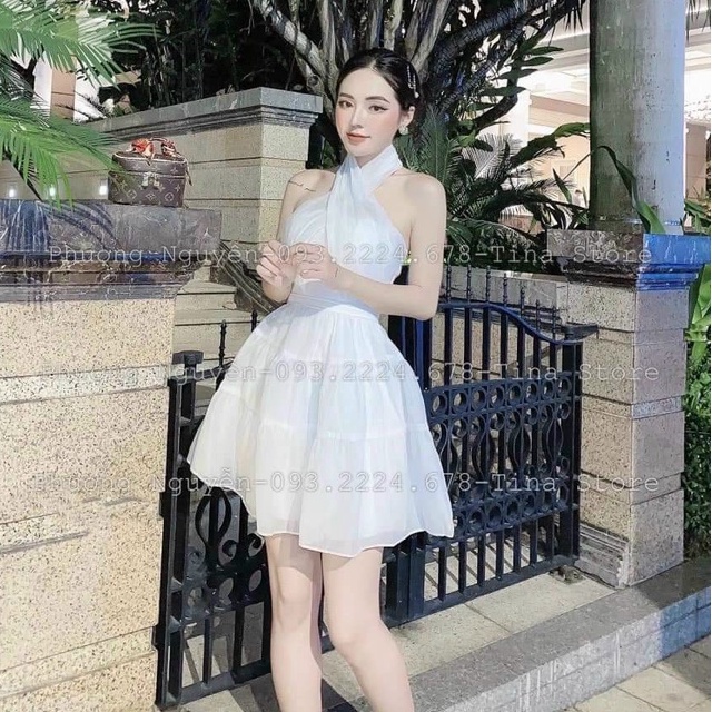 Váy đầm nữ dự tiệc dáng xòe cổ yếm (có mút) chất voan 2 lớp cao cấp kiểu dáng trẻ trung thời thượng