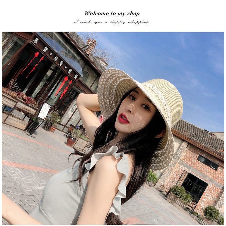 Mũ cói mềm thuận tiện gấp gọn bỏ balo lô không gãy mũ vành viền ren phối nơ ren