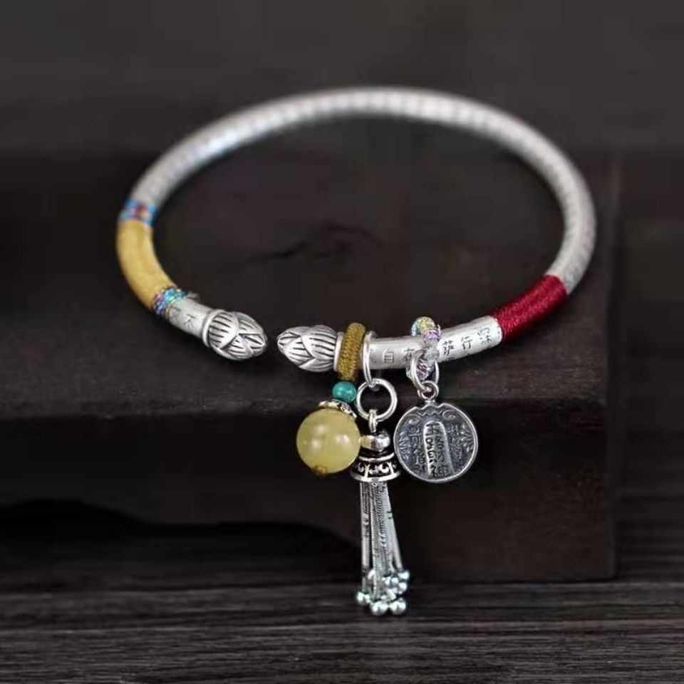 Vòng Tay Bạc 999 Trái Tim Dạng Hở Phối Tua Rua Phong Cách retro