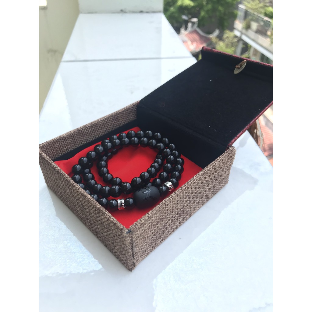 Vòng phong thủy đá Obsiđian 78hạt màu đen,trạm trỗ Long Phụng