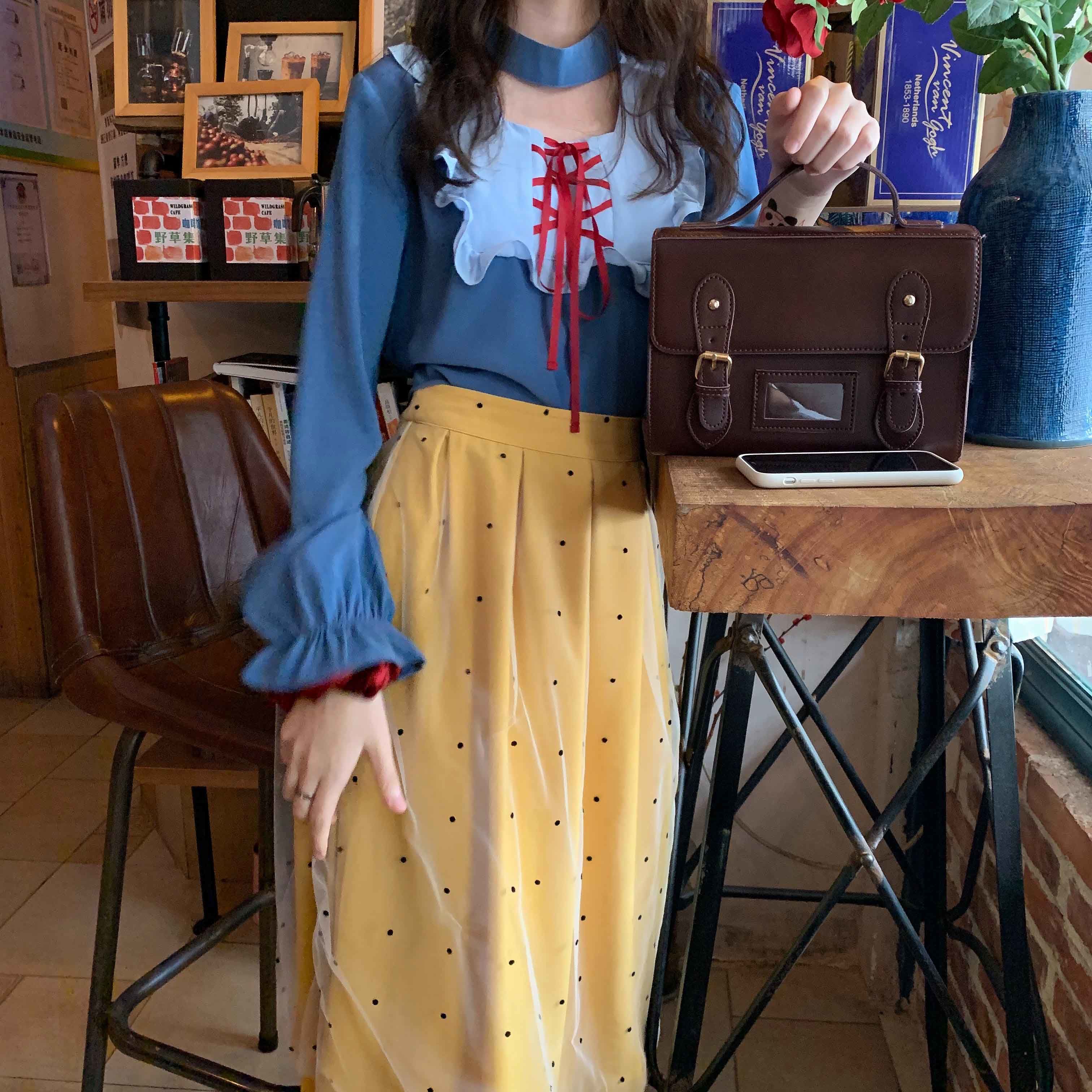 Autumn Suit for Female Students Korean Version Loose Back to Work Lace Up Lantern Sleeve Shirt + Gauze Skirt