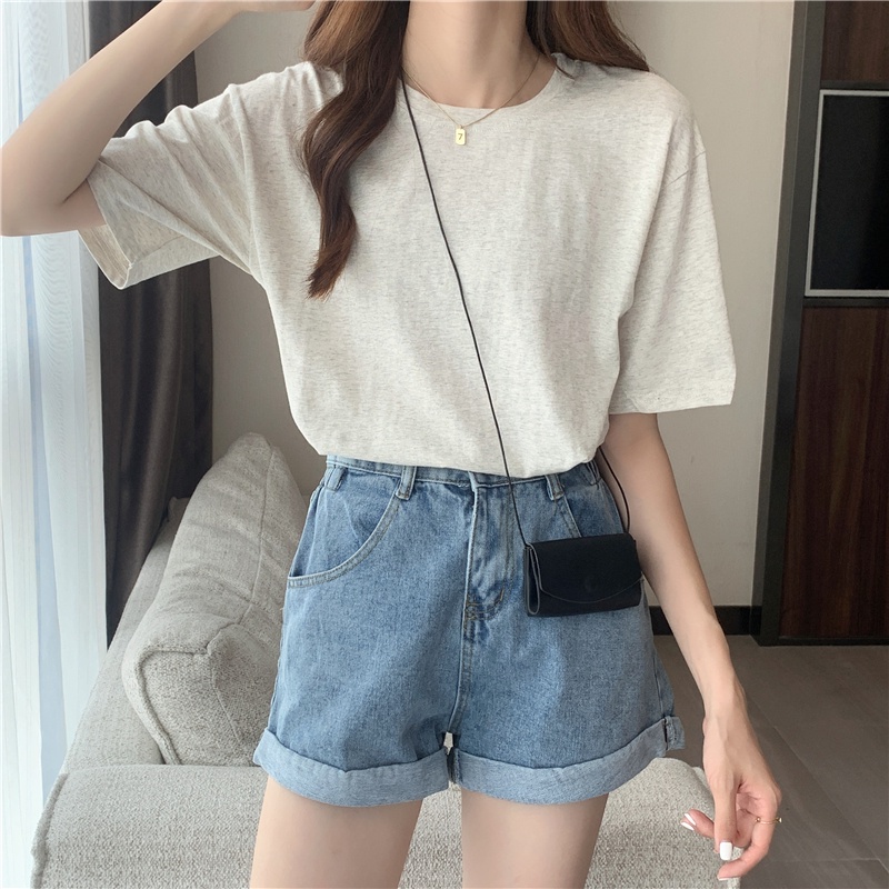 Áo thun SUXI tay ngắn dáng rộng màu trơn xẻ tà thời trang mùa hè cho nữ