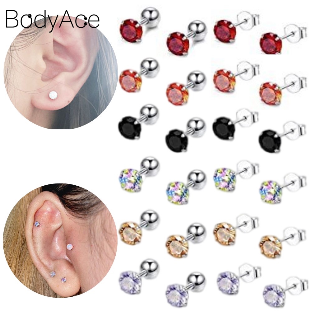 Set 12 Khuyên Tai Thép Không Gỉ Đính Đá Nhiều Màu Cá Tính